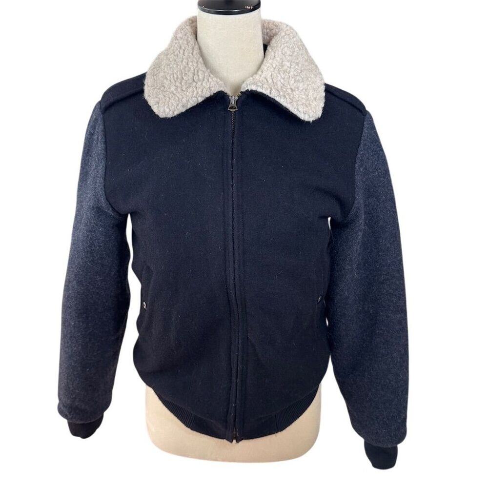 Wallace & Barnes Women’s XS Blue Gray Wool Bomber Jacket Sherpa Collar Winter